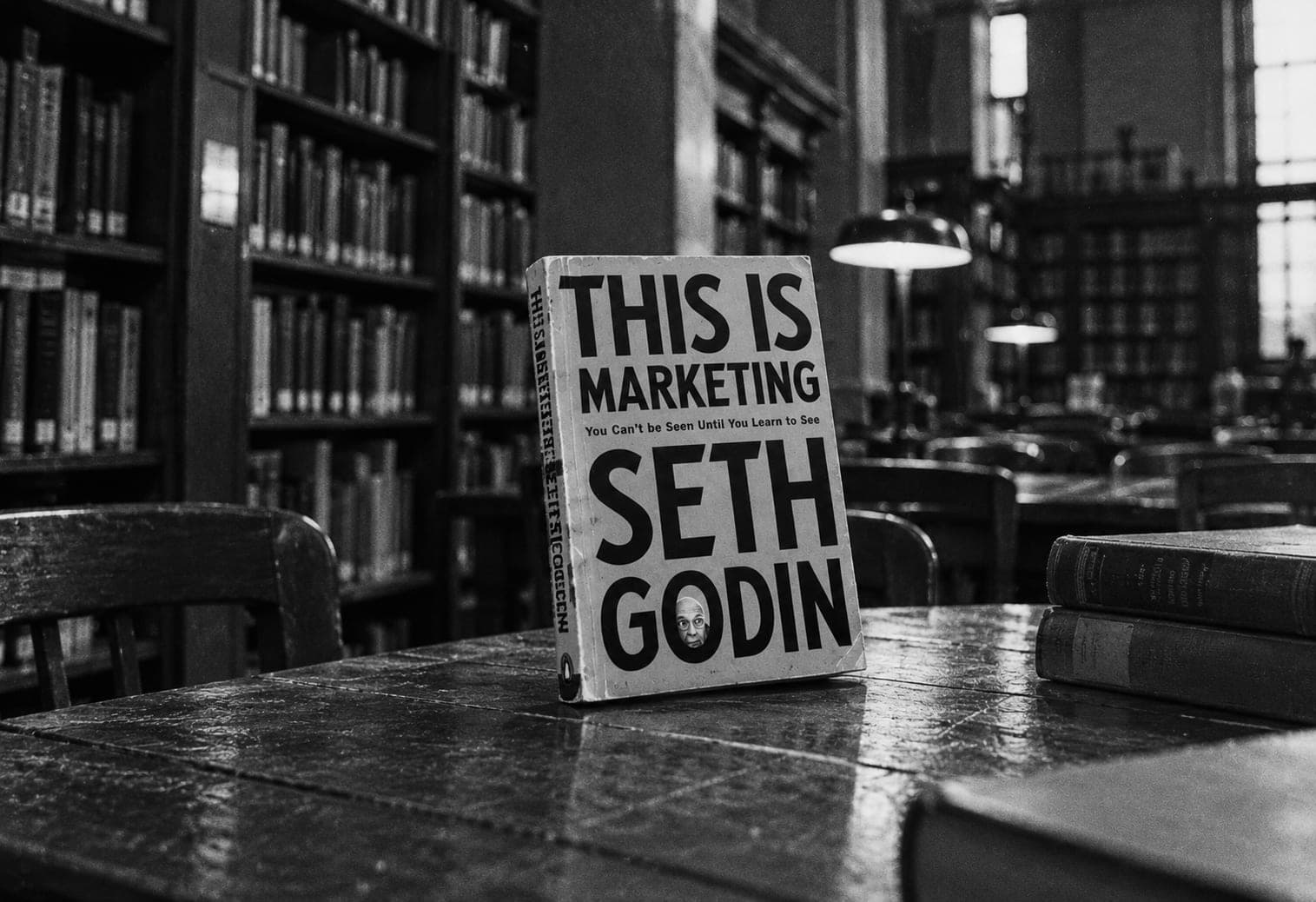 A worn copy of Seth Godin’s book This Is Marketing standing on a polished table in a library reading room, with bookshelves and reading lamps behind it.