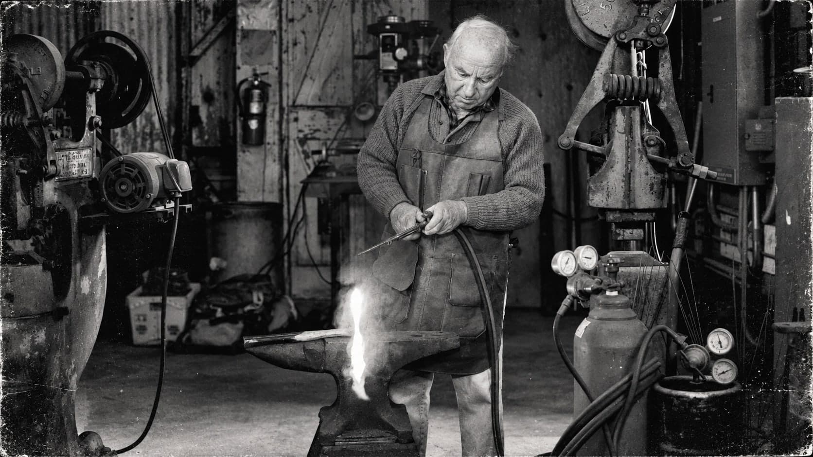 A black-and-white photograph of an older man in a leather apron holding a torch over hot metal on an anvil in a workshop, surrounded by machinery and gas cylinders.